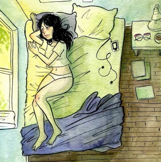 Watercolor illustration of girl laying in bed