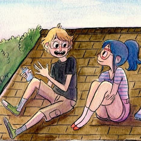 Watercolor illustration of two friends chatting on a roof